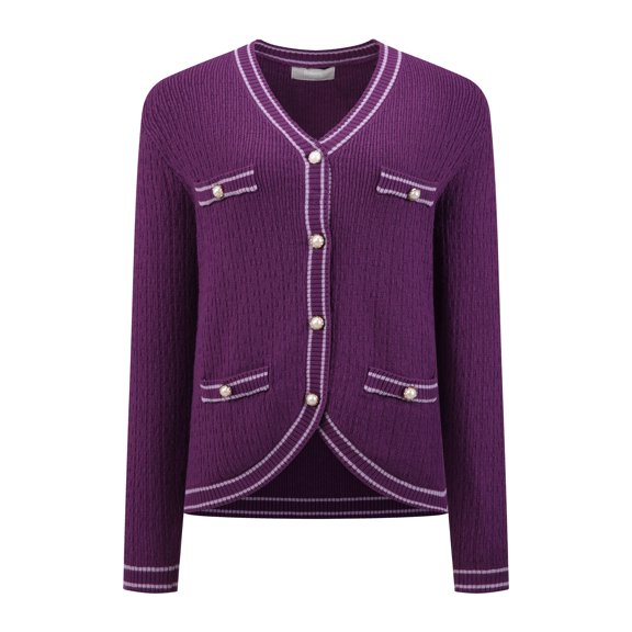 DARING DIVA Women's Contrast Trim Knit Ribbed Cardigan Sweater 2XL Purple