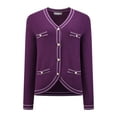 thumbnail image 1 of DARING DIVA Women's Contrast Trim Knit Ribbed Cardigan Sweater L Purple, 1 of 7