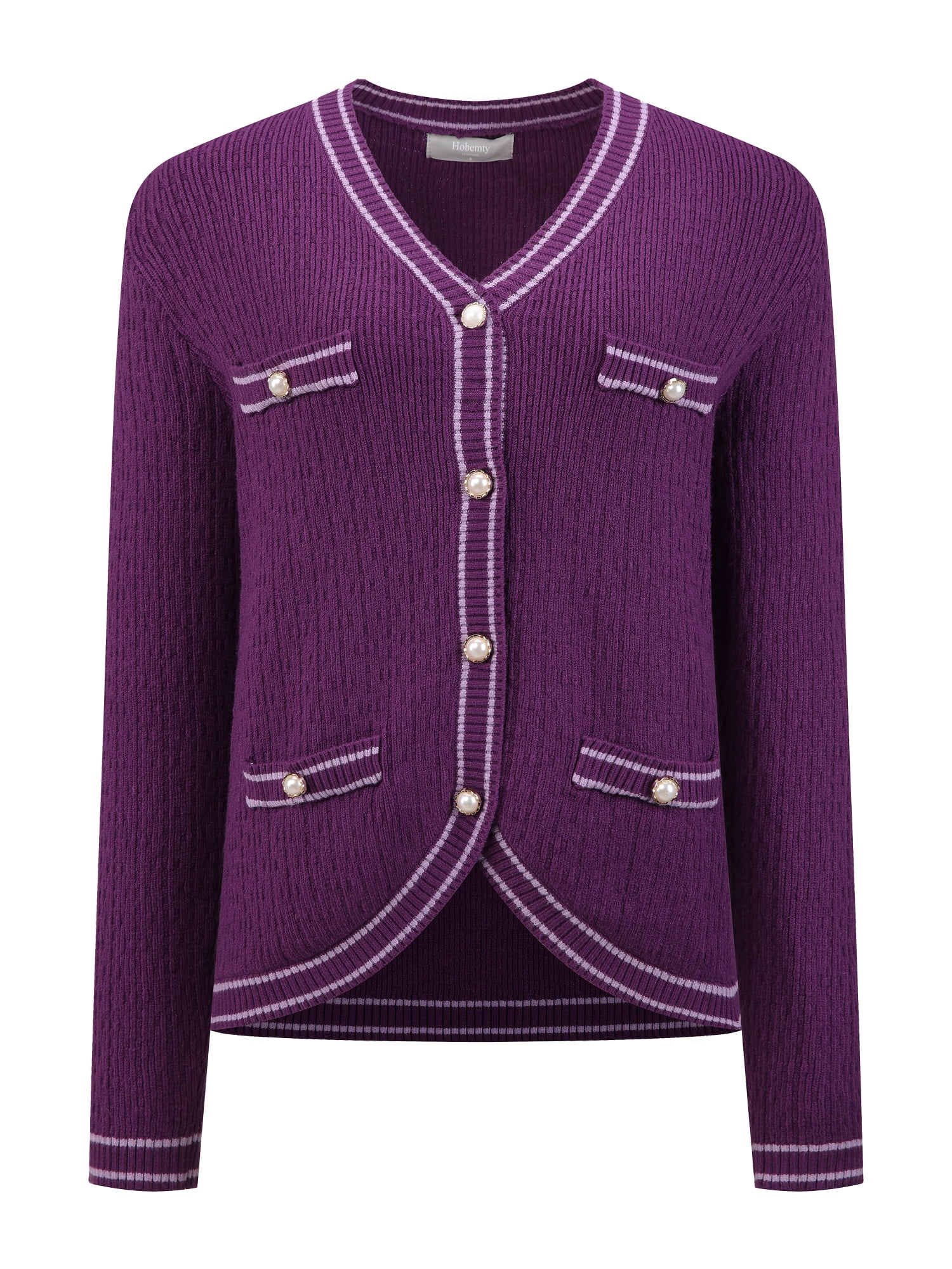 DARING DIVA Women's Contrast Trim Knit Ribbed Cardigan Sweater M Purple