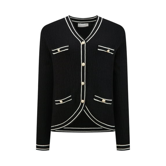 DARING DIVA Women's Contrast Trim Knit Ribbed Cardigan Sweater S Black