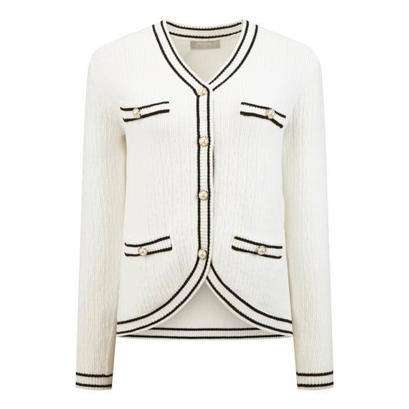 DARING DIVA Women's Contrast Trim Knit Ribbed Cardigan Sweater S White