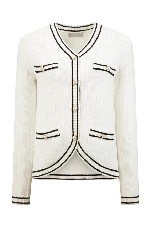 Women's Contrast Trim Knit Ribbed Cardigan Sweater S White