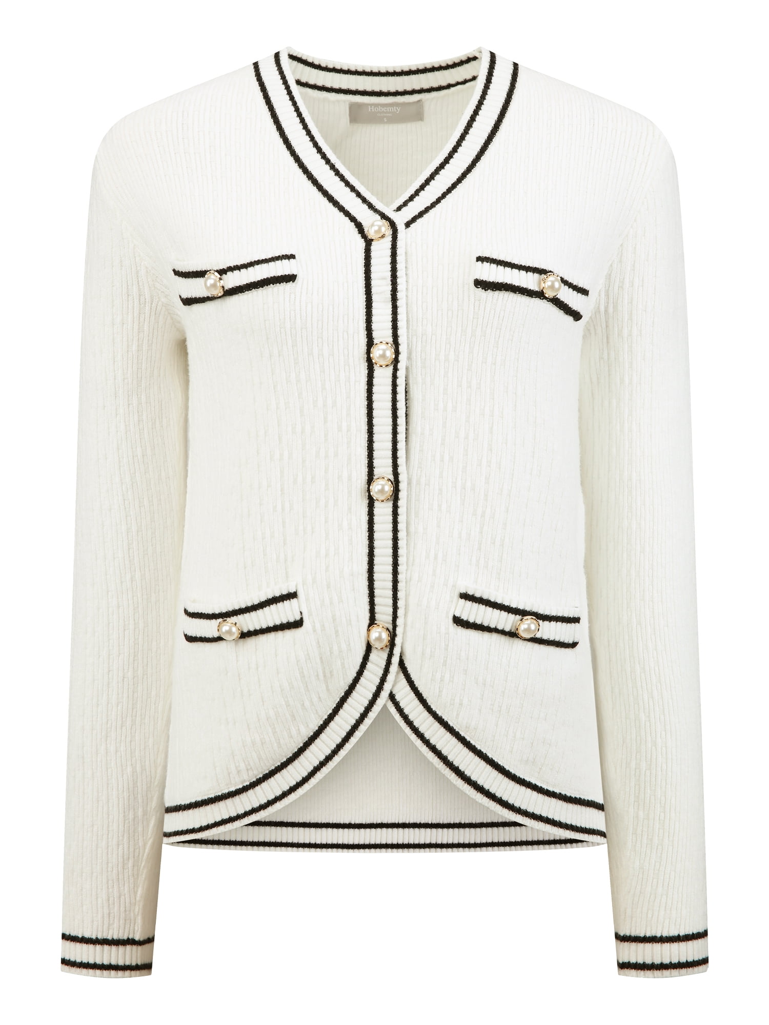 DARING DIVA Women's Contrast Trim Knit Ribbed Cardigan Sweater XL White