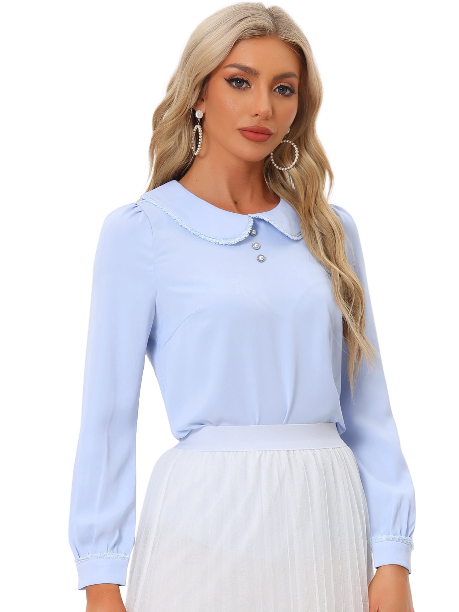DARING DIVA Women's Contrast Trim Peter Pan Collar Top M Light Blue