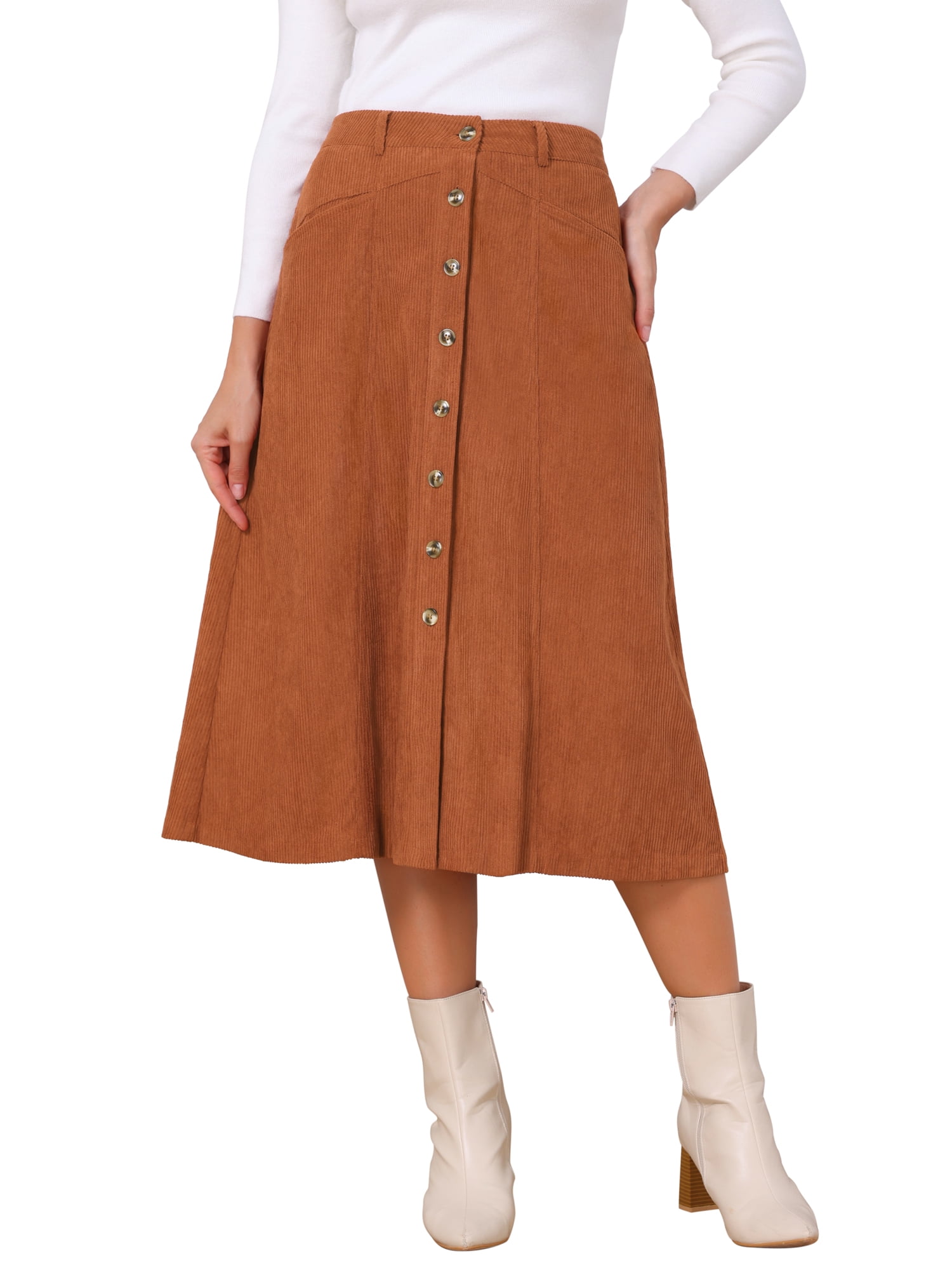 DARING DIVA Women's Corduroy A Line Midi Button Down Pockets Skirt L Caramel