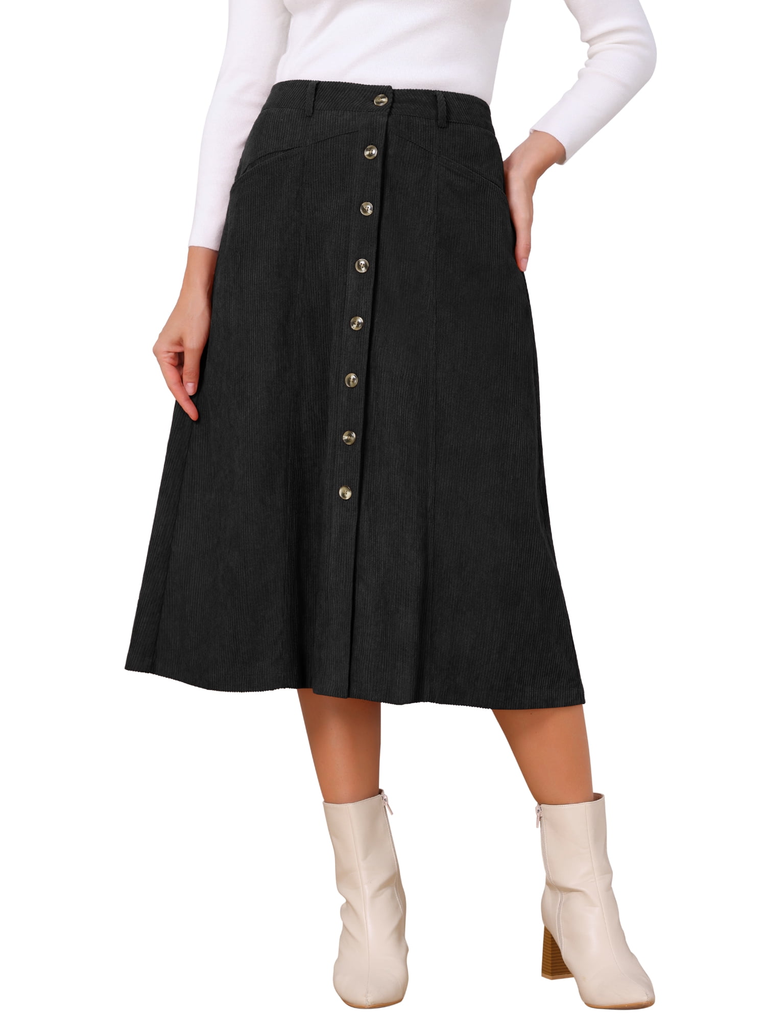 DARING DIVA Women's Corduroy A Line Midi Button Down Pockets Skirt M Black