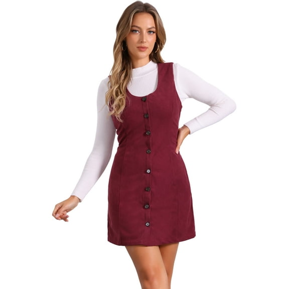DARING DIVA Women's Corduroy Button Down Pinafore Overall Dress L Burgundy