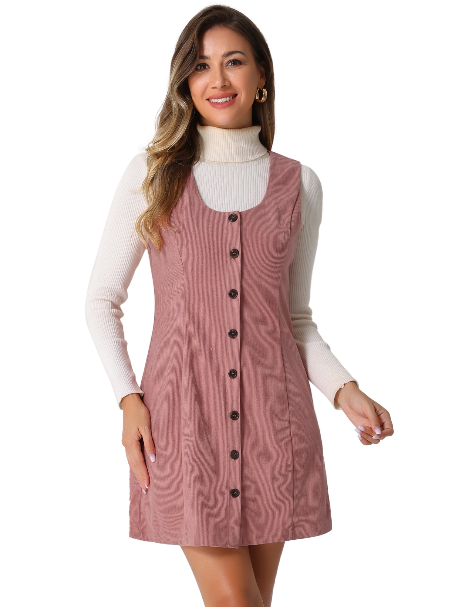 DARING DIVA Women's Corduroy Button Down Pinafore Overall Dress L Pink