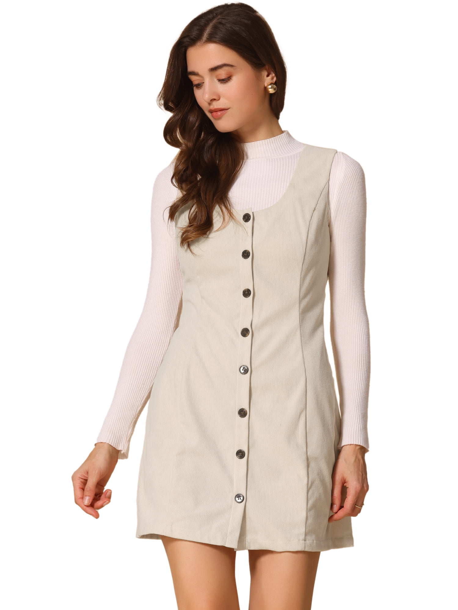DARING DIVA Women's Stylish Corduroy Overall Scoop Neck Sleeveless Dress S Beige