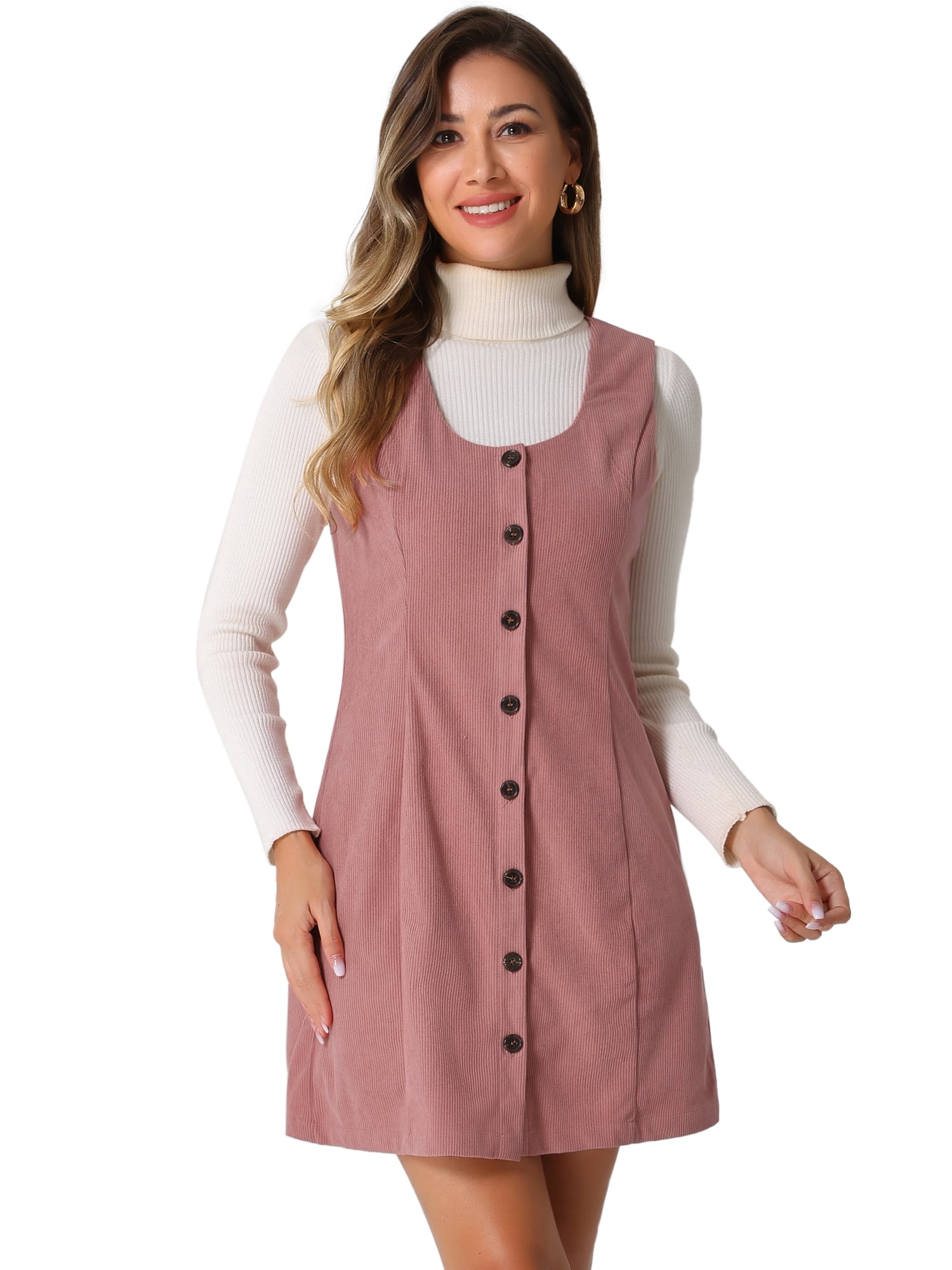 DARING DIVA Women's Stylish Corduroy Overall Scoop Neck Sleeveless Dress S Pink