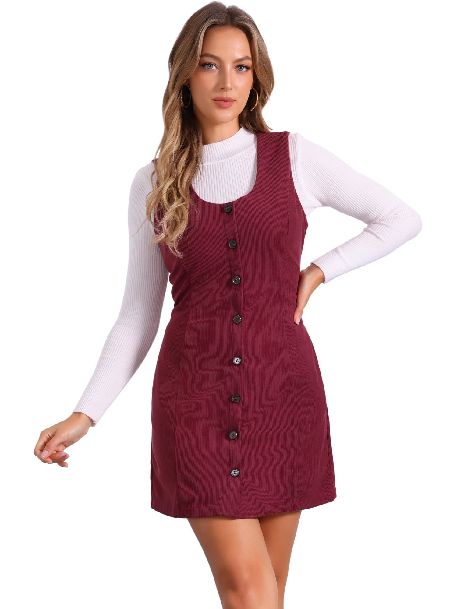 DARING DIVA Women's Corduroy Button Down Pinafore Overall Dress XS Burgundy