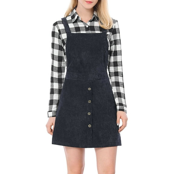 DARING DIVA Women's Corduroy Button Front A-Line Bib Overall Pinafore Dress L Blue