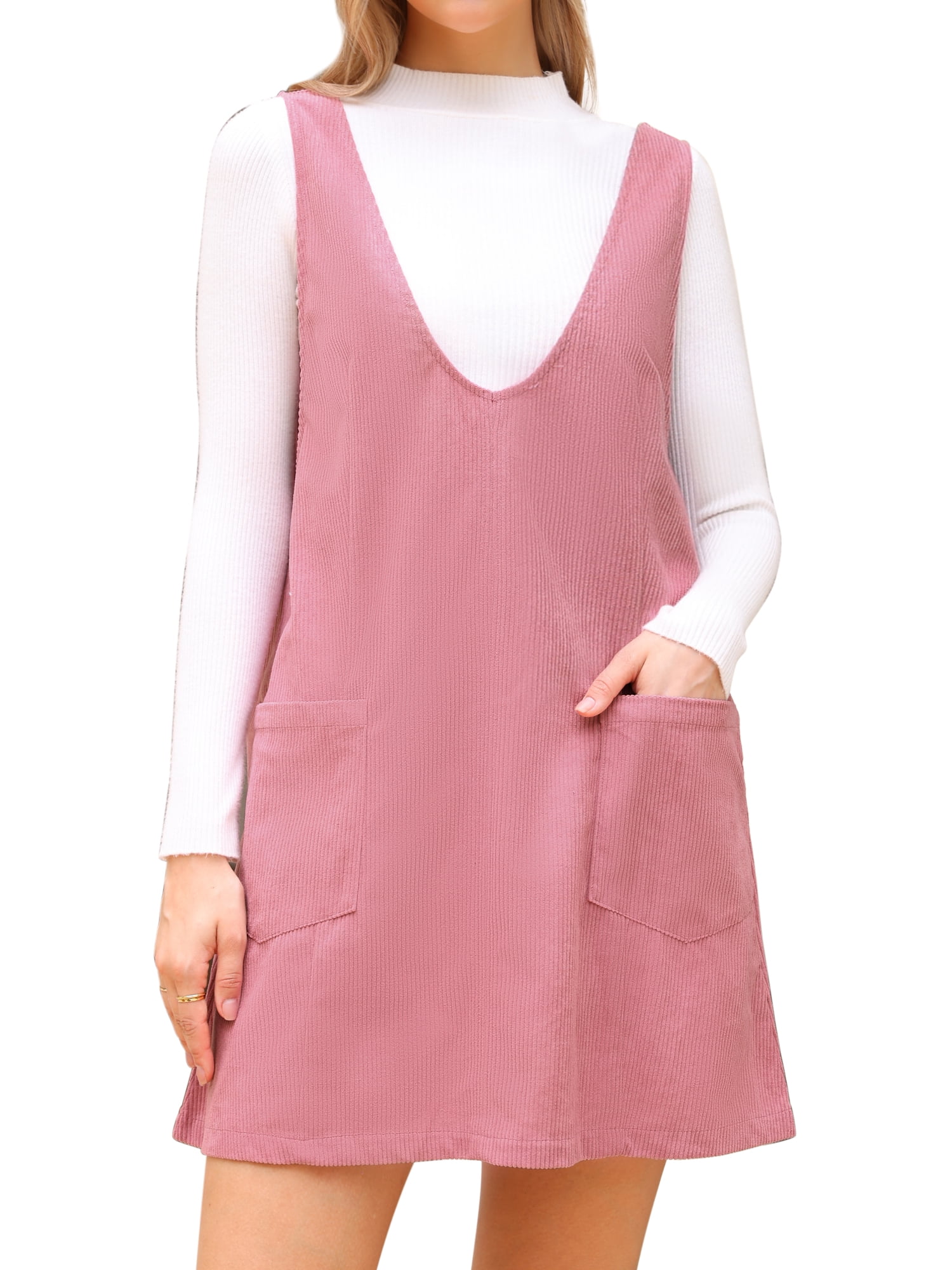 DARING DIVA Women's Corduroy Deep V Neck Casual Mini Pinafore Dresses M Pink