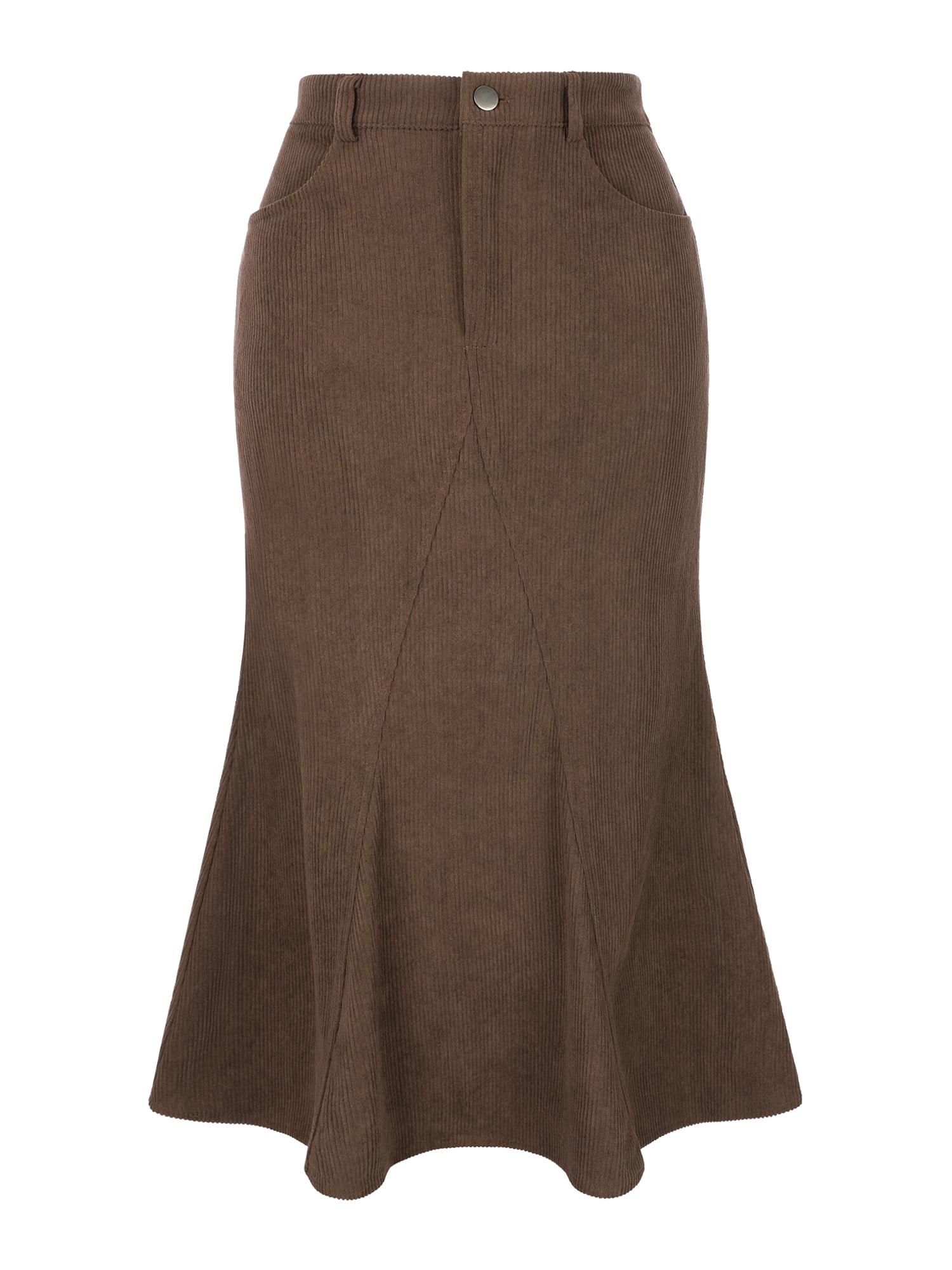 DARING DIVA Women's Corduroy High Waist Midi Mermaid Skirt with Pockets L Brown
