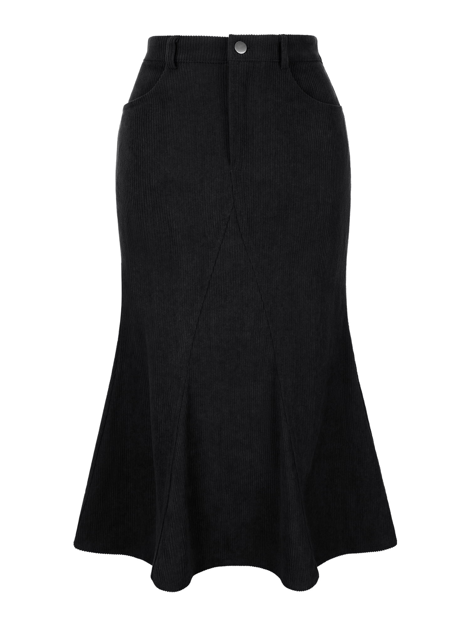 DARING DIVA Women's Corduroy High Waist Midi Mermaid Skirt with Pockets M Black