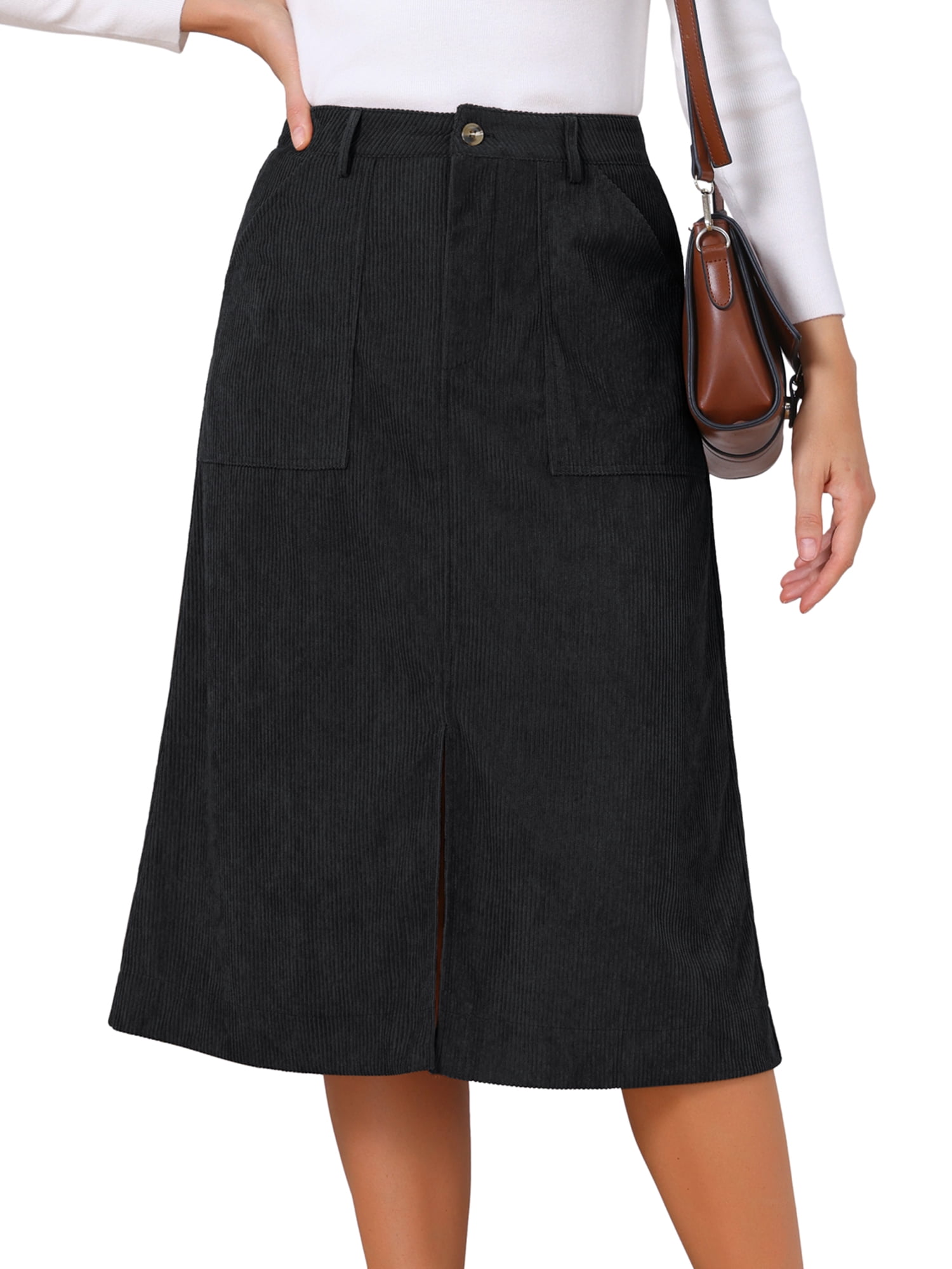 DARING DIVA Women's Corduroy Midi Skirt High Waist A-Line Skirts S Black