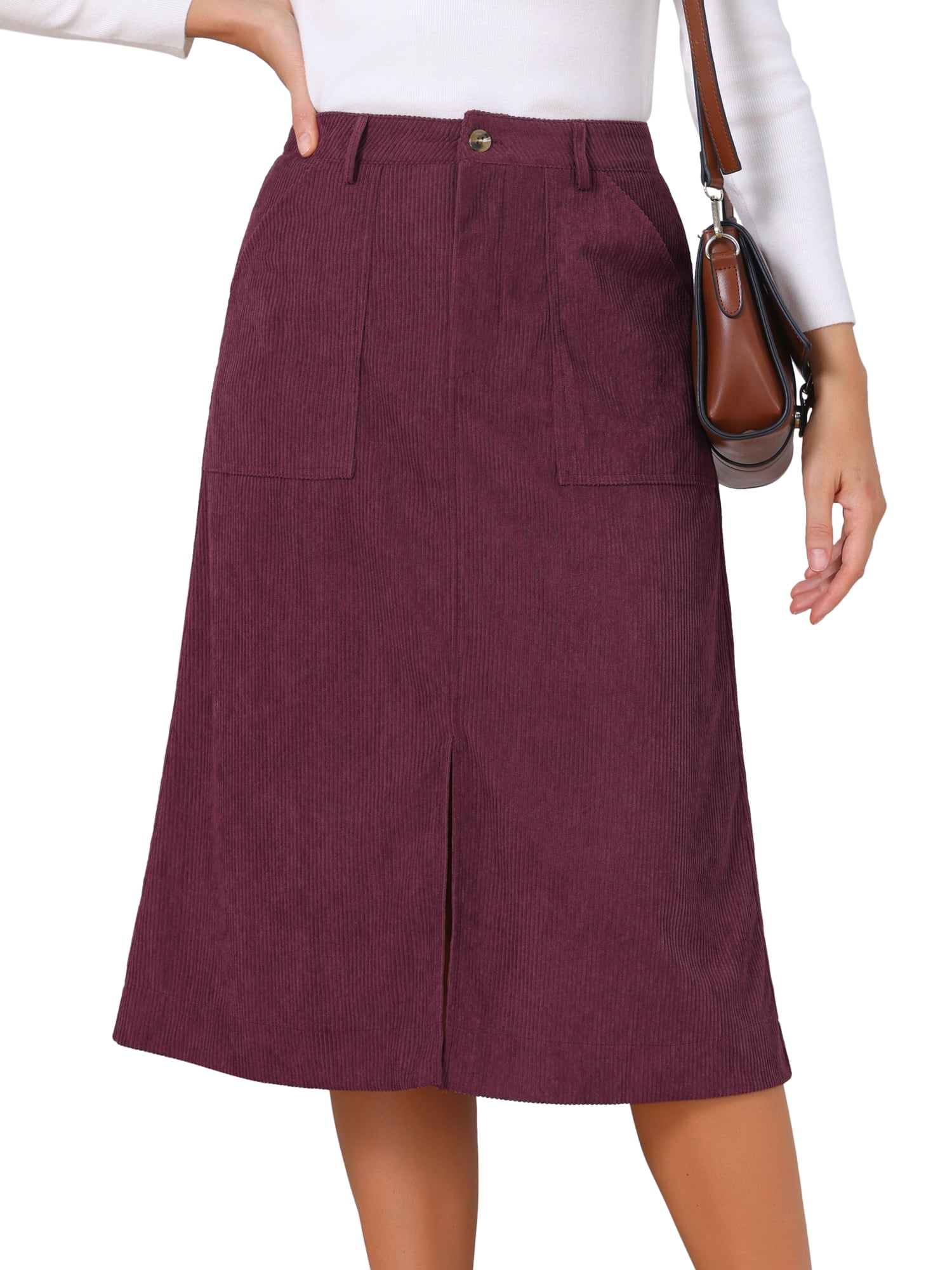 DARING DIVA Women's Corduroy Midi Skirt High Waist A-Line Skirts S Burgundy