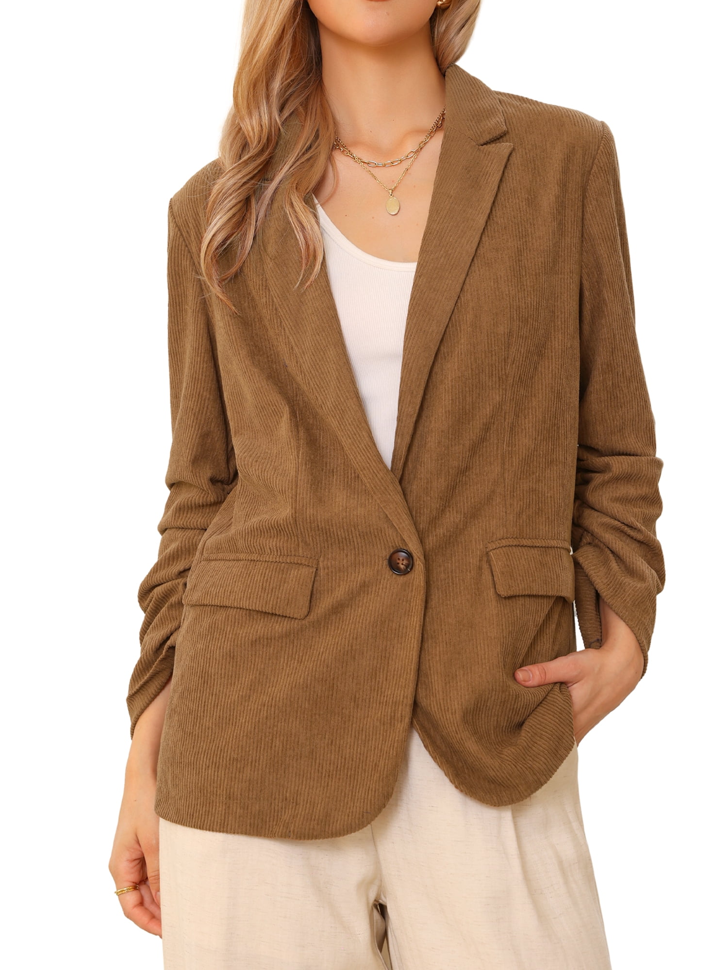 DARING DIVA Women's Corduroy Ruched Sleeve Lapel Pockets Blazer Jacket XS Brown