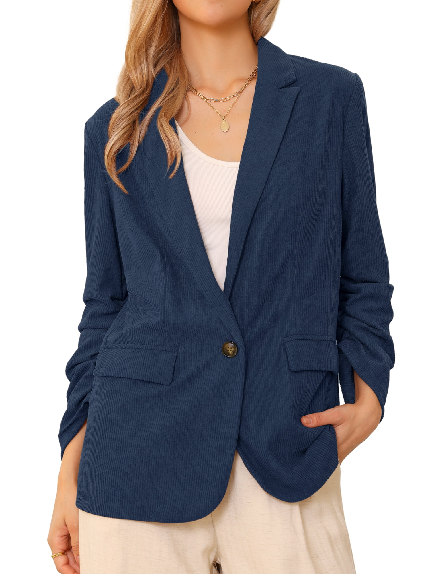 DARING DIVA Women's Corduroy Ruched Sleeve Lapel Pockets Blazer Jacket XS Navy Blue