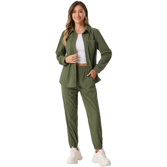 DARING DIVA Women's Corduroy Sets 2 Piece Long Sleeve Shirt and Pants Set M Army Green