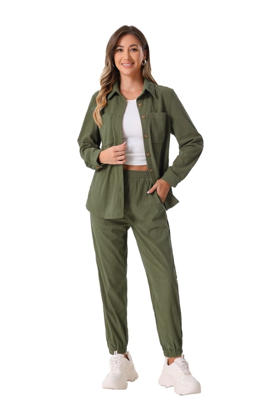 Women's Corduroy Sets 2 Piece Long Sleeve Shirt and Pants Set M Army Green