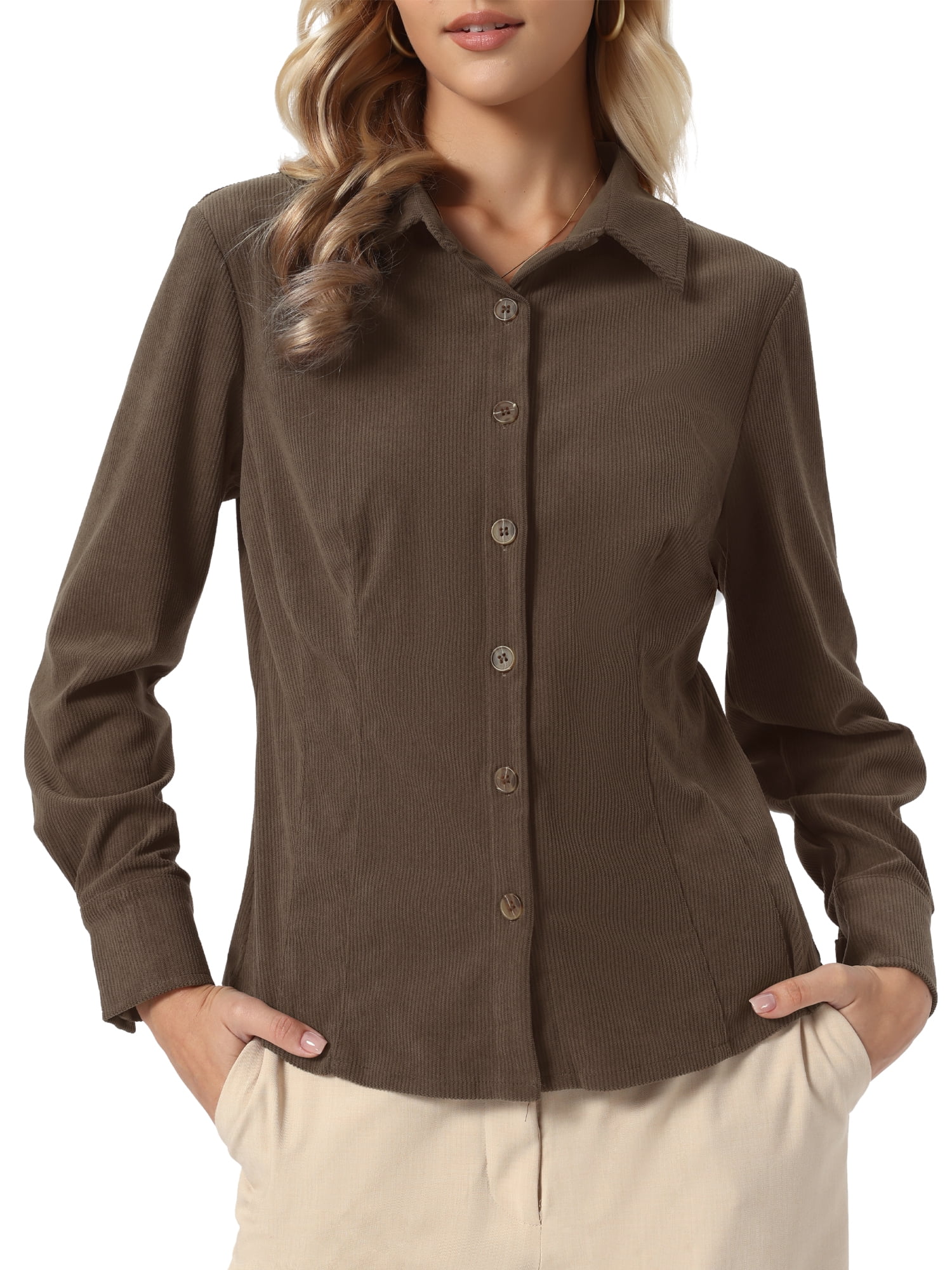 DARING DIVA Women's Corduroy Shirts Button Down Fall Long Sleeve Shirt L Brown