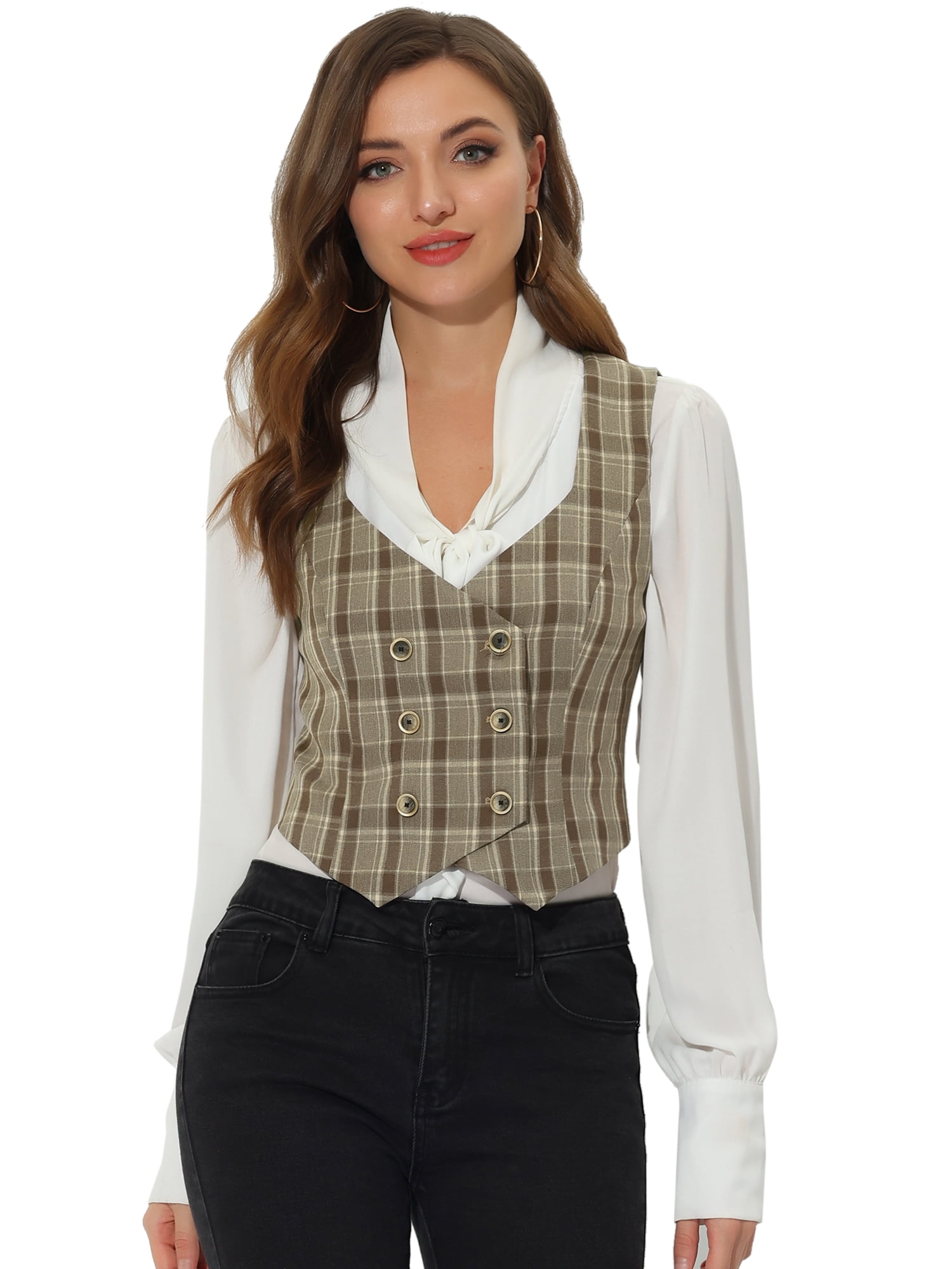 DARING DIVA Women's Costume Plaid Versatile Racerback Suit Vests L Brown