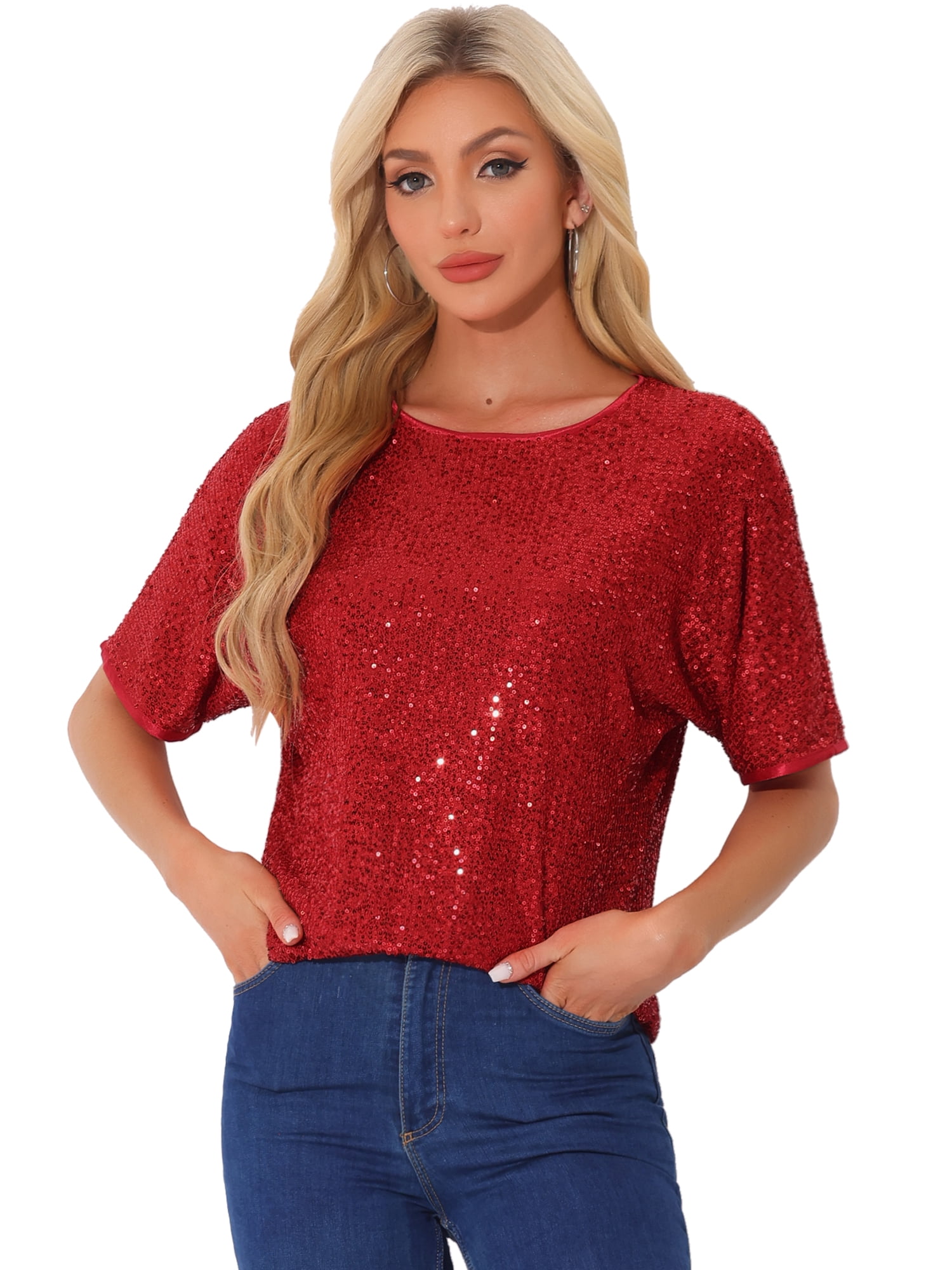 DARING DIVA Women's Costume Sequin Clubwear Blouses T-Shirts XL Red