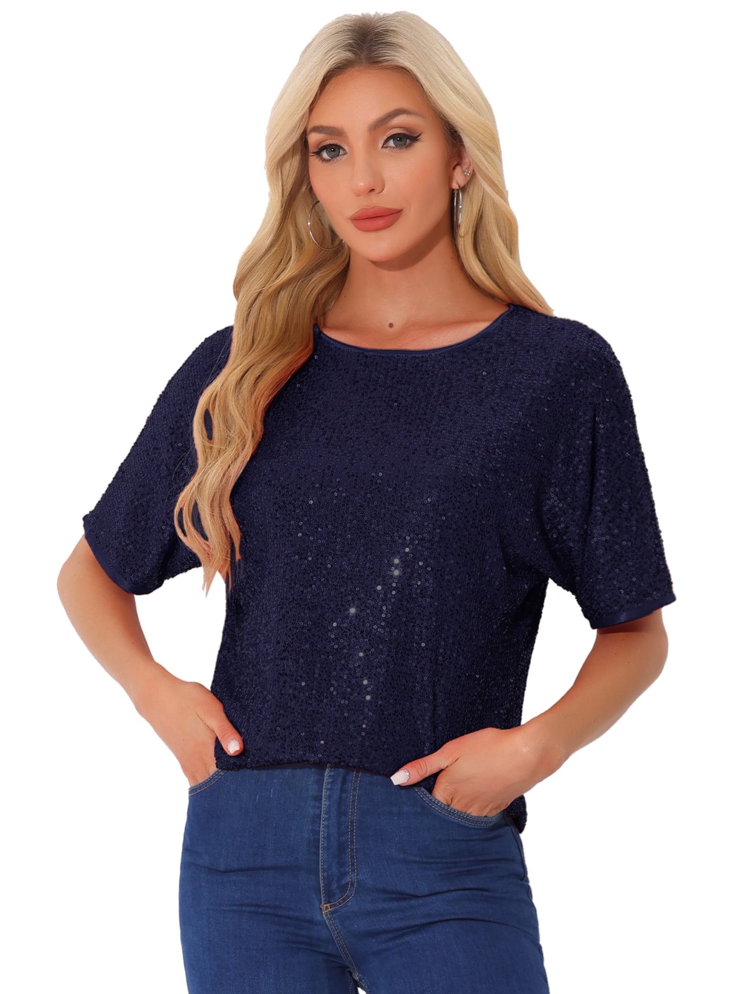 DARING DIVA Women's Costume Sequin Clubwear Blouses T-Shirts XS Navy Blue