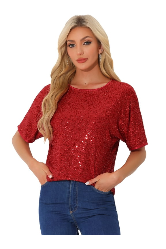 Women's Costume Sequin Clubwear Blouses T-Shirts XS Red