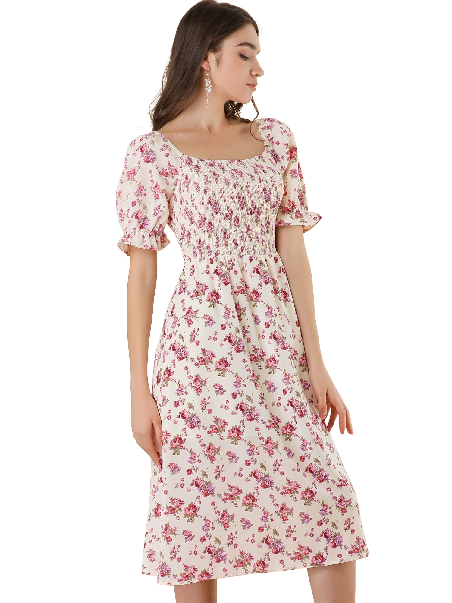 DARING DIVA Women's Cottagecore Floral Dress Puff Sleeves Smocked Dresses 3XL Beige