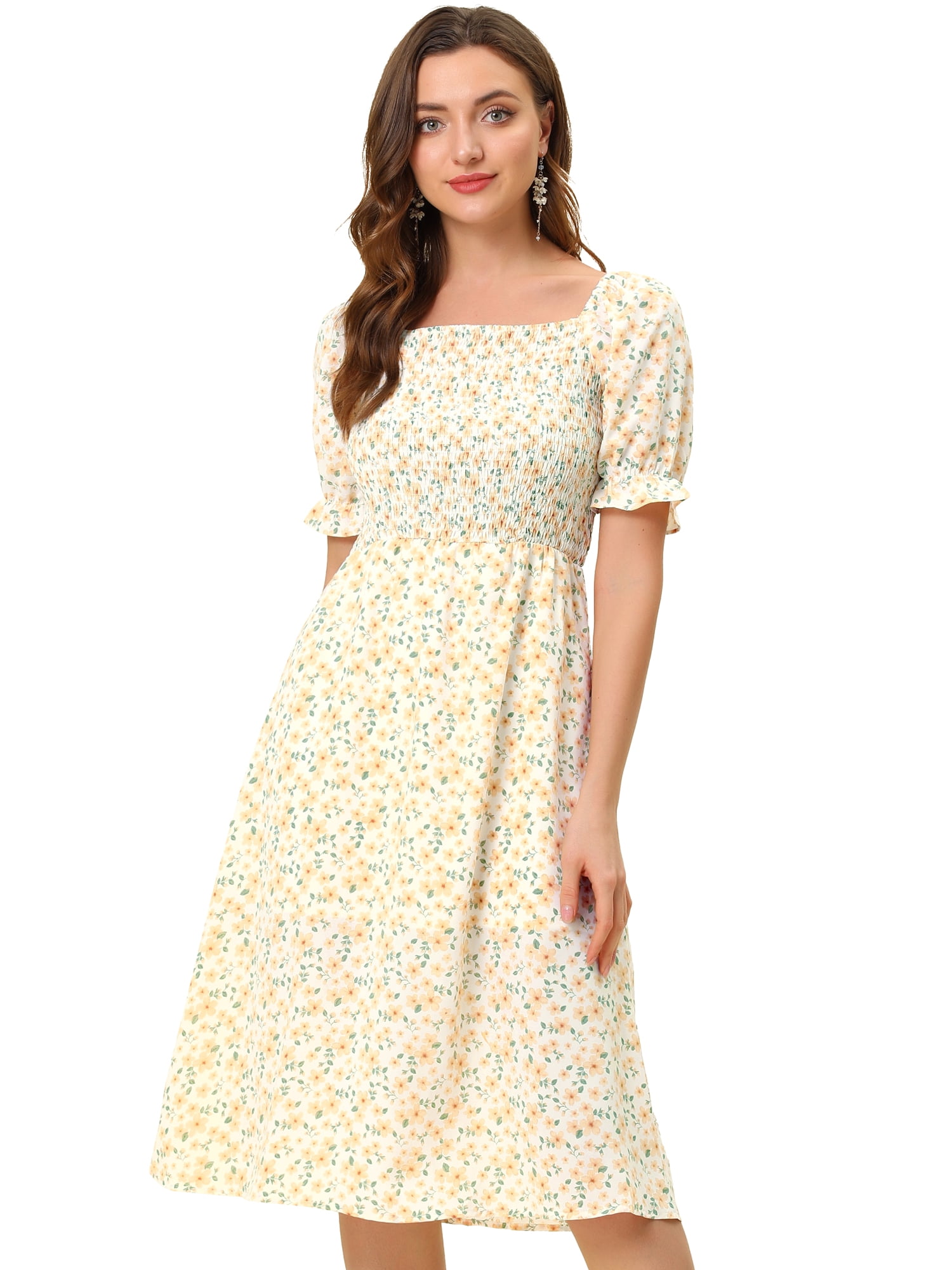 DARING DIVA Women's Cottagecore Floral Dress Puff Sleeves Smocked Dresses 3XL Orange