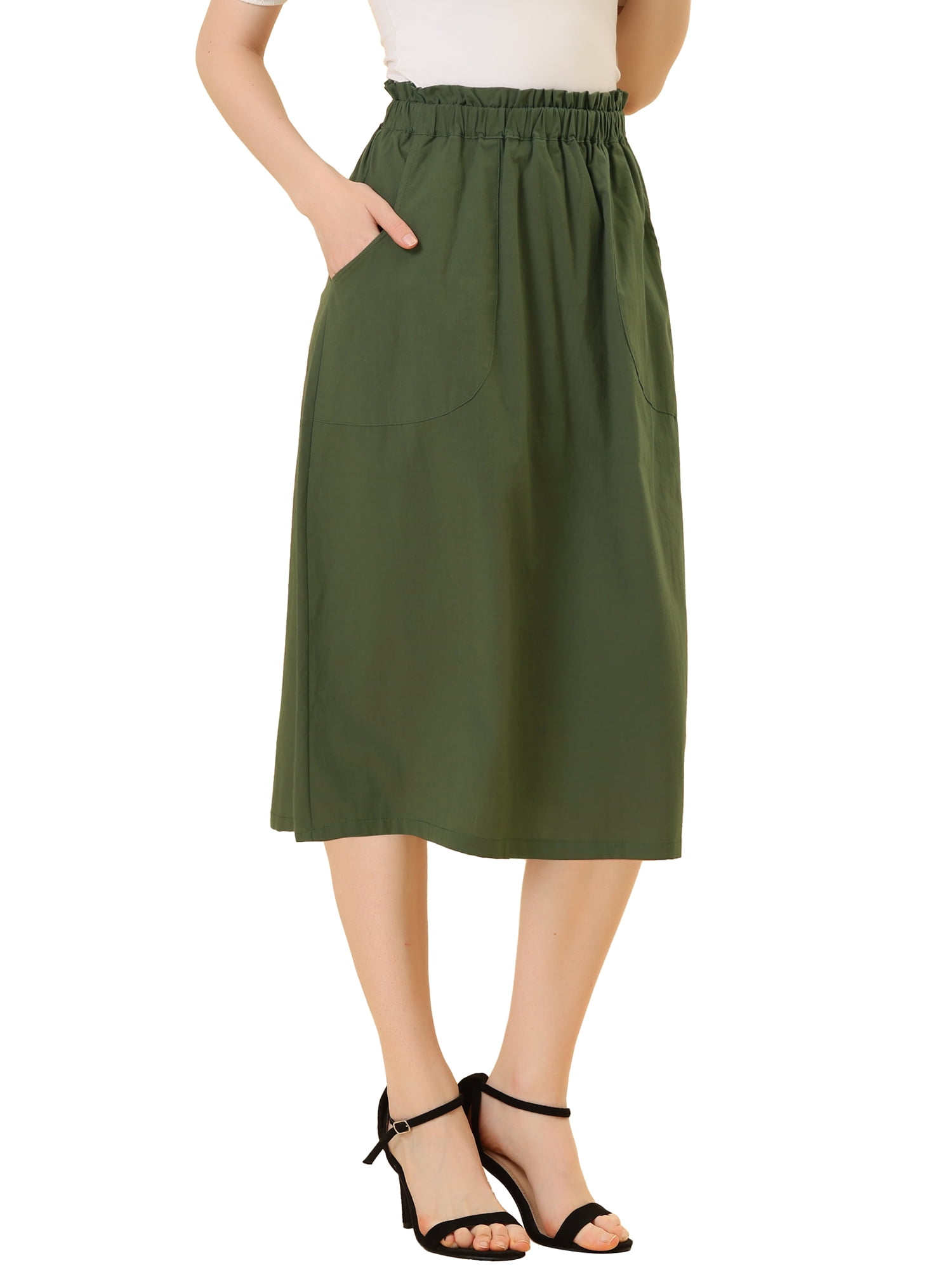 DARING DIVA Women's Cotton A-Line Midi Skirt with Pockets L Army Green