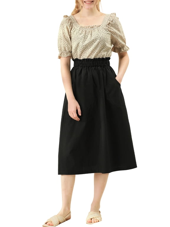 Women's Cotton A-Line Midi Skirt with Pockets L Black