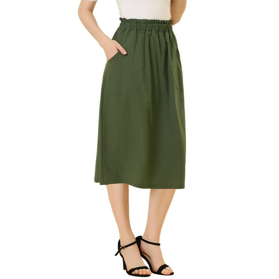 DARING DIVA Women's Cotton A-Line Midi Skirt with Pockets M Army Green