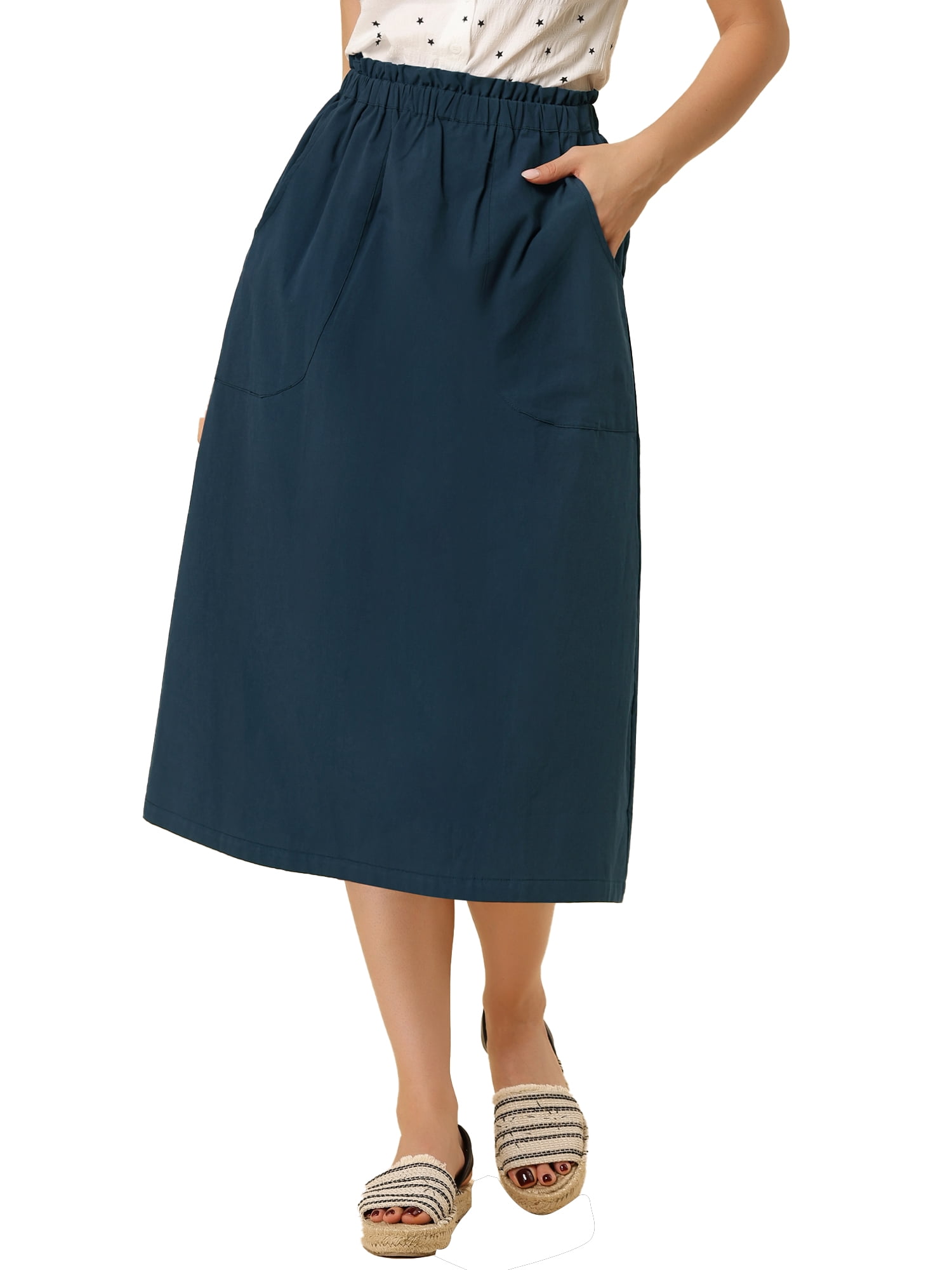 DARING DIVA Women's Cotton A-Line Midi Skirt with Pockets M Dark Blue