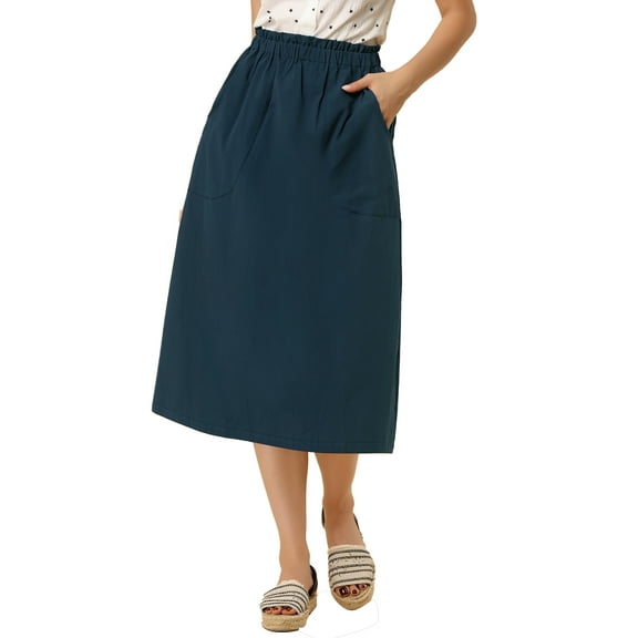 DARING DIVA Women's Cotton A-Line Midi Skirt with Pockets M Dark Blue