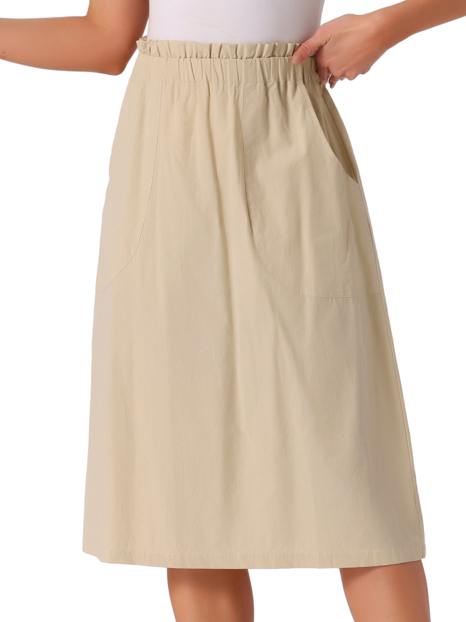 DARING DIVA Women's Cotton A-Line Midi Skirt with Pockets M Khaki
