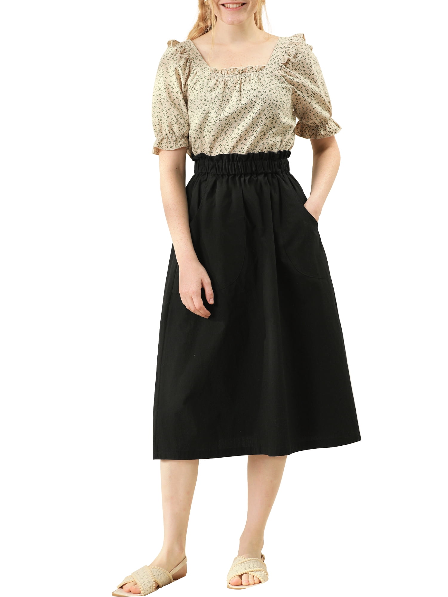DARING DIVA Women's Cotton A-Line Midi Skirt with Pockets XS Black