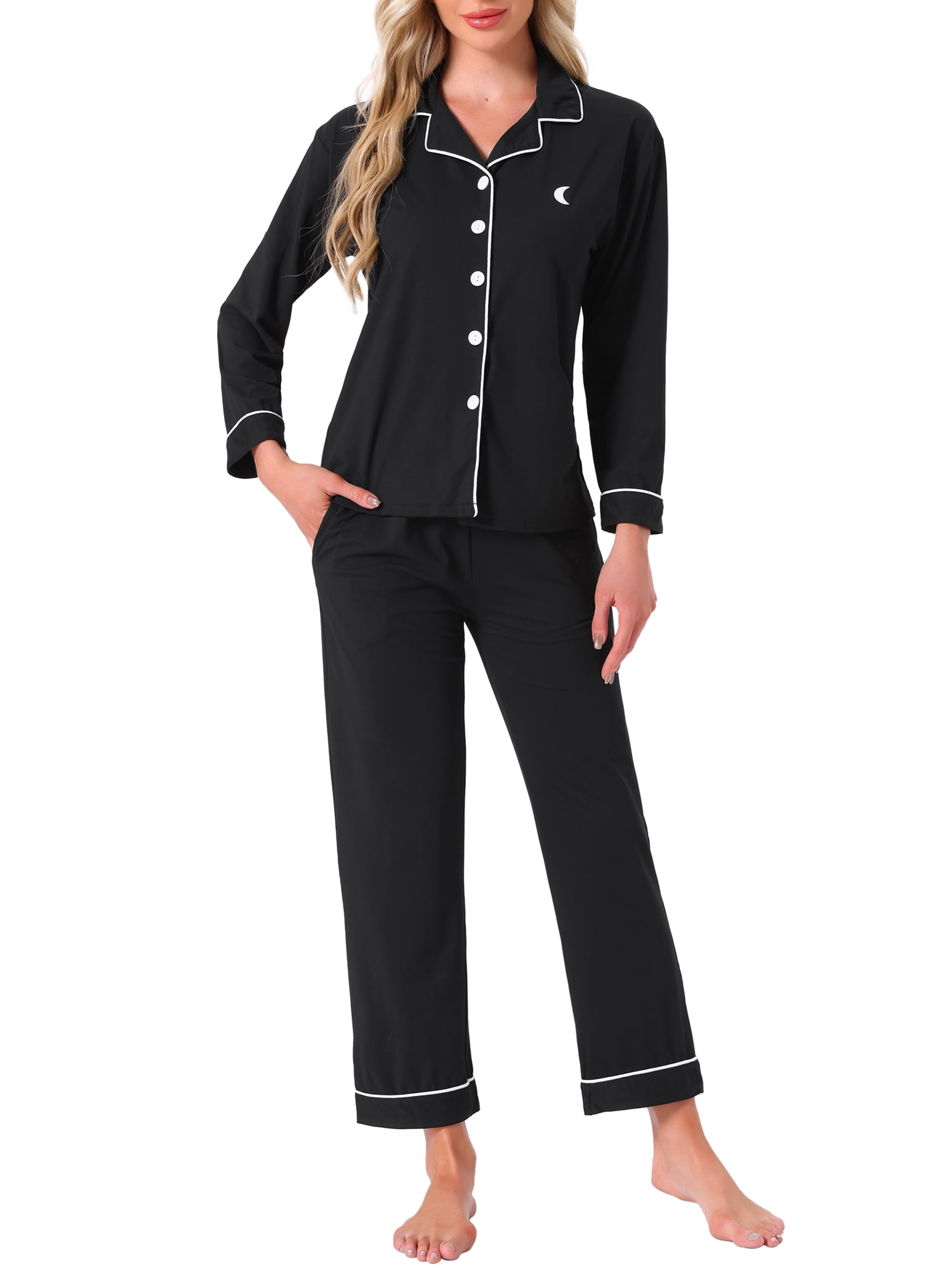 DARING DIVA Women's Cotton Button Down Long Sleeve Shirt and Pants Pajama Sets L Black