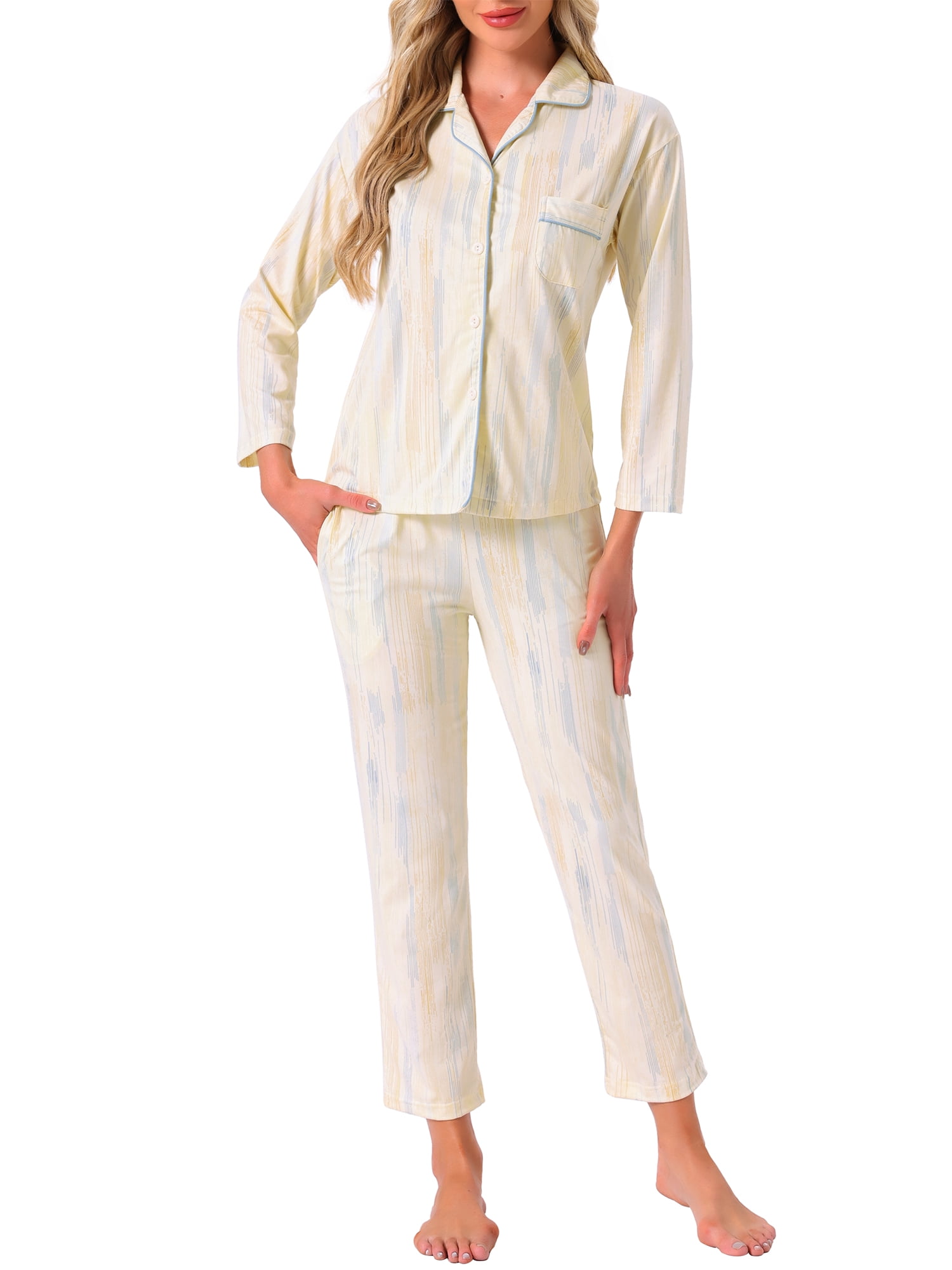 DARING DIVA Women's Cotton Button Down Long Sleeve Shirt and Pants Pajama Sets M Beige