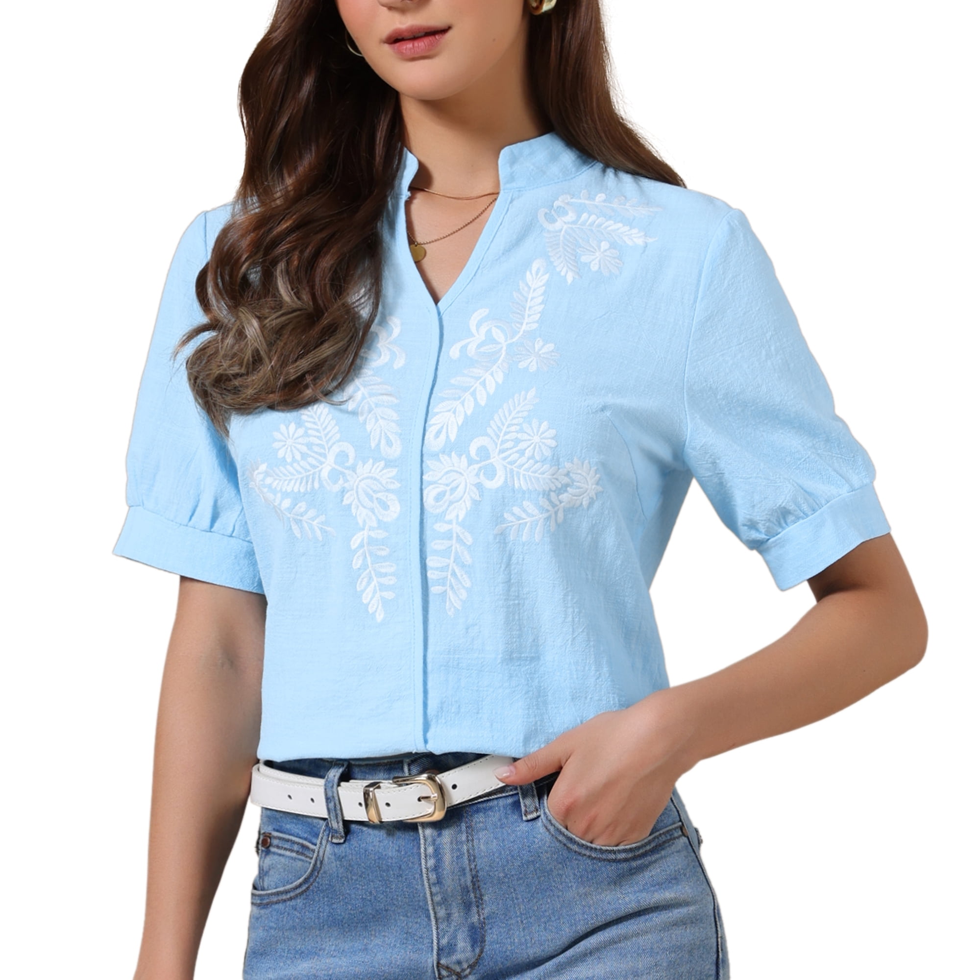 DARING DIVA Women's Cotton Floral V Neck Short Sleeve Embroidered Blouses Tunic 2XL Blue