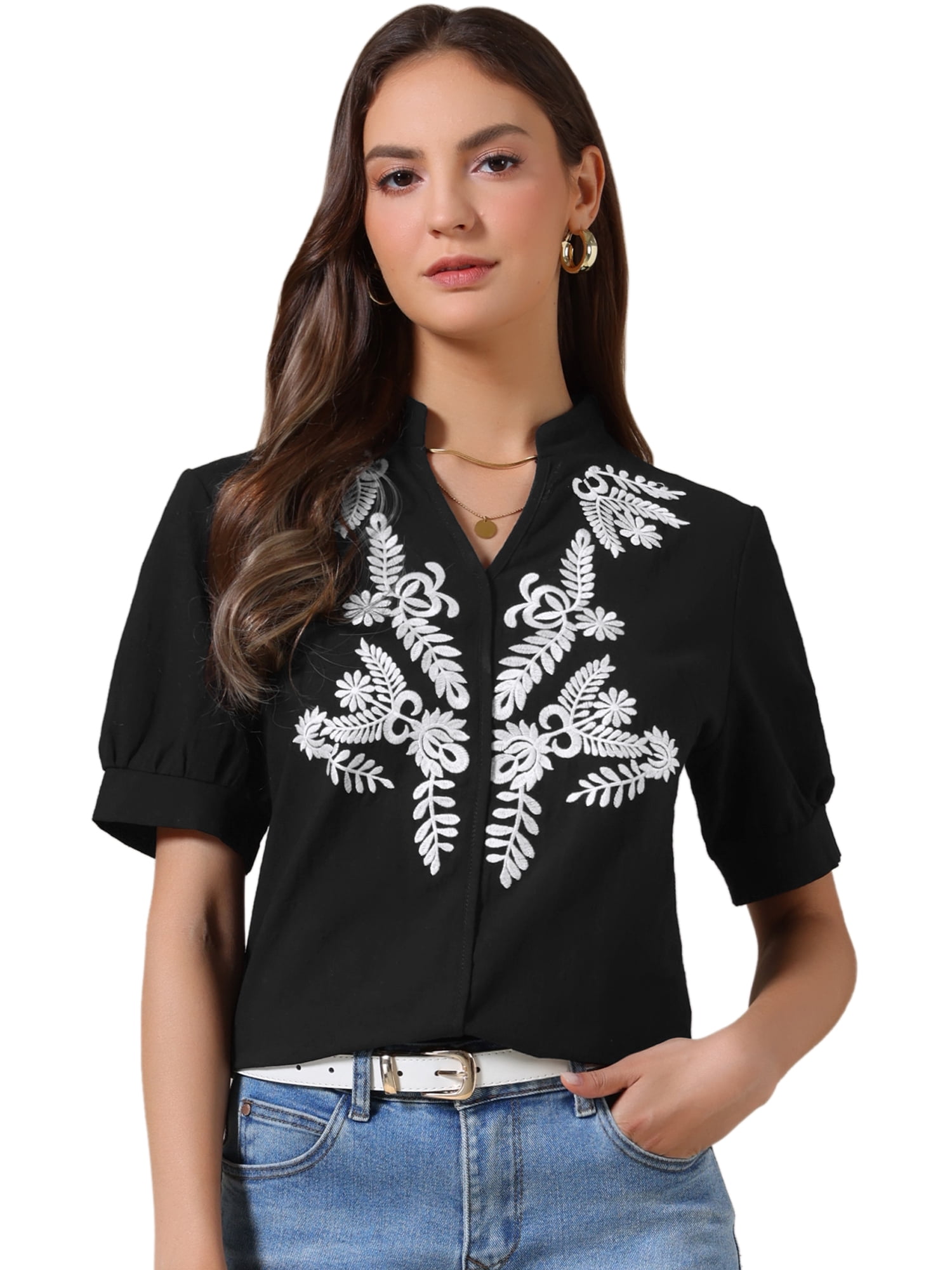 DARING DIVA Women's Cotton Floral V Neck Short Sleeve Embroidered Blouses Tunic XL Black