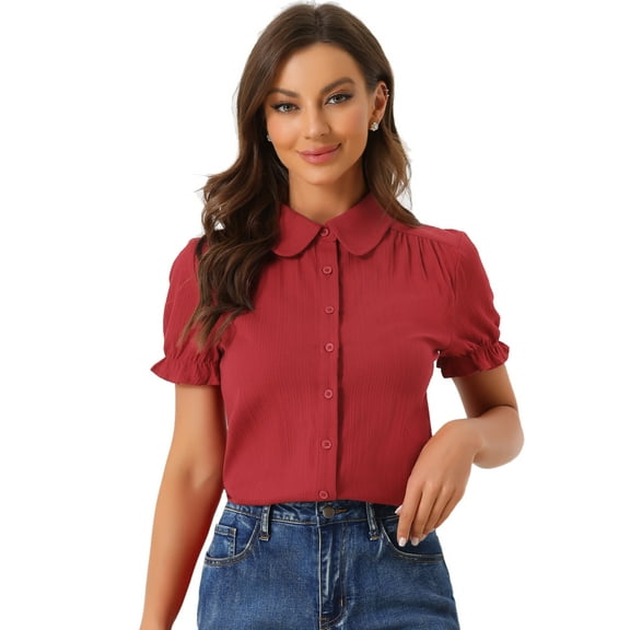 DARING DIVA Women's Cotton Frilled Peter Pan Collar Blouse L Burgundy