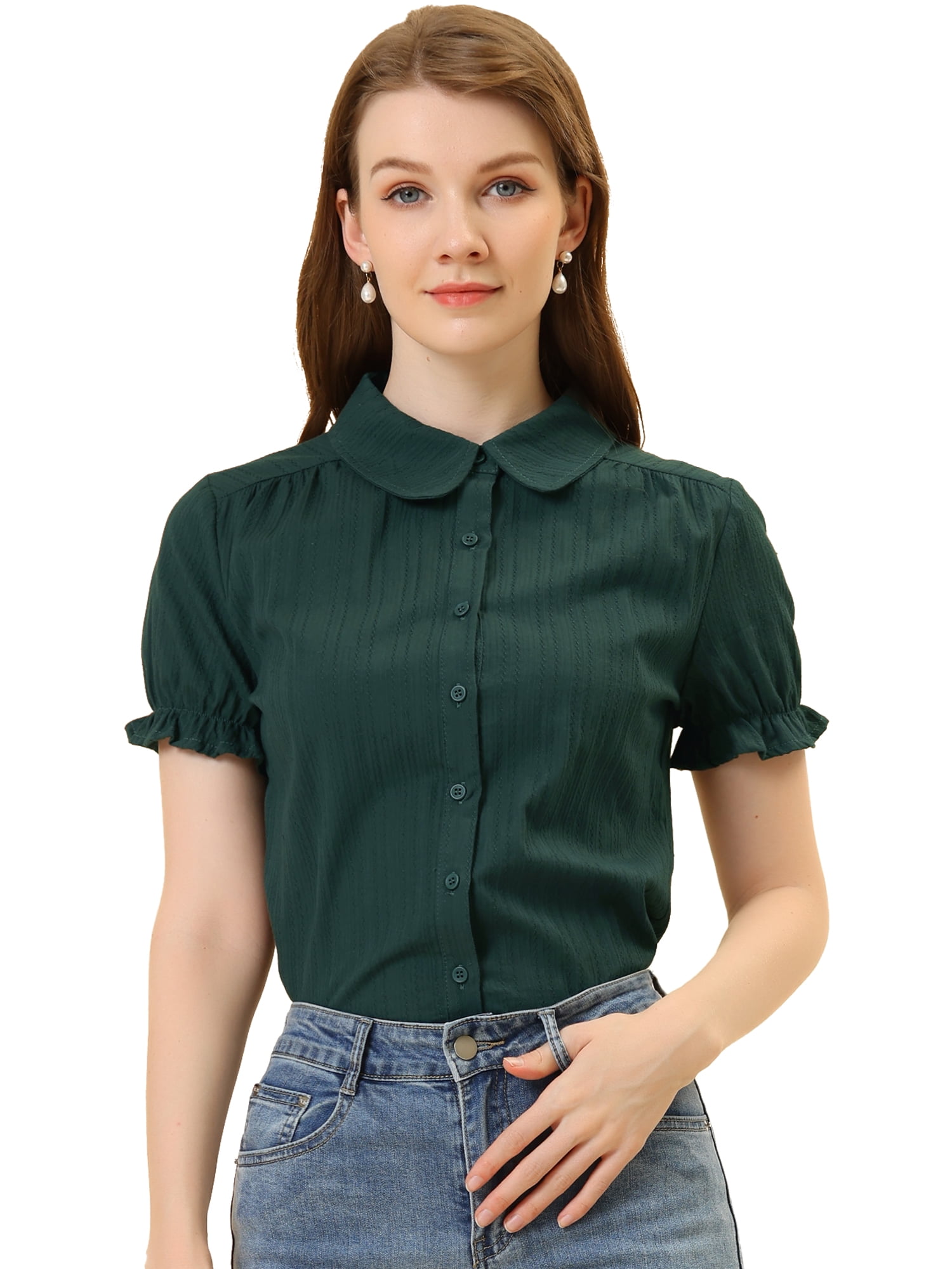 DARING DIVA Women's Cotton Frilled Peter Pan Collar Blouse L Dark Green