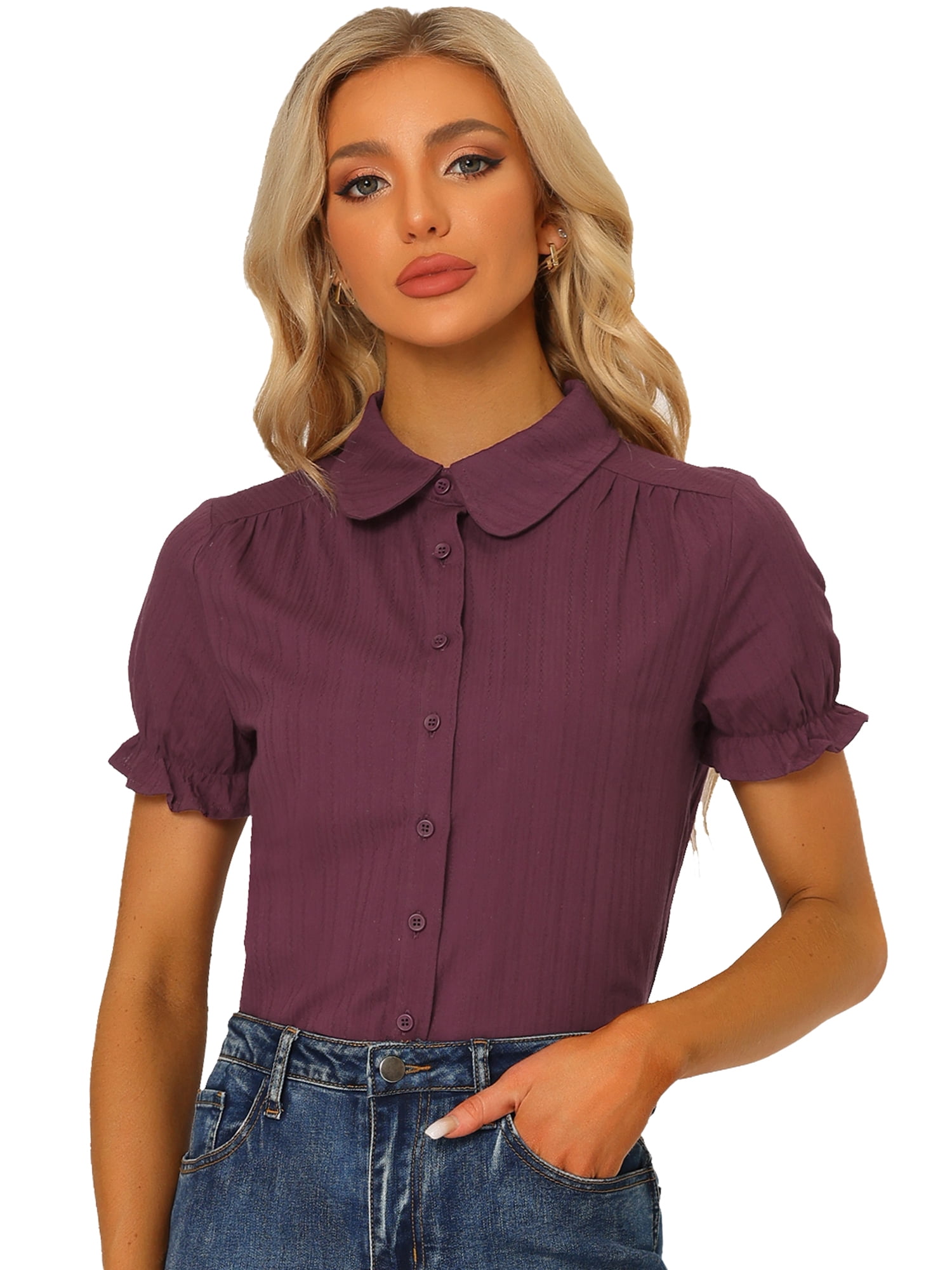 DARING DIVA Women's Cotton Frilled Peter Pan Collar Blouse L Purple