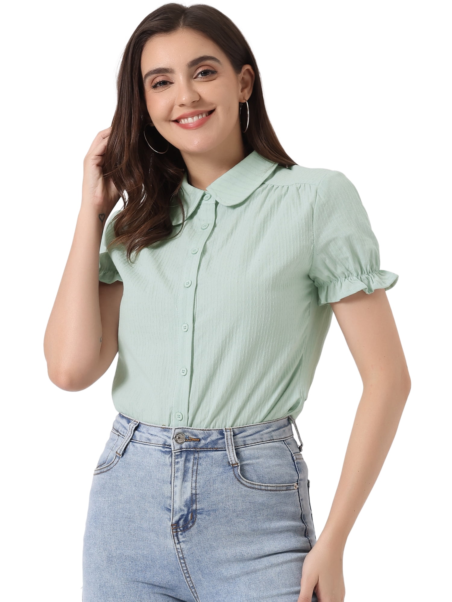 DARING DIVA Women's Cotton Frilled Peter Pan Collar Blouse M Light Green