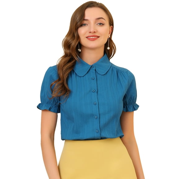 DARING DIVA Women's Cotton Frilled Peter Pan Collar Blouse M Ocean Blue