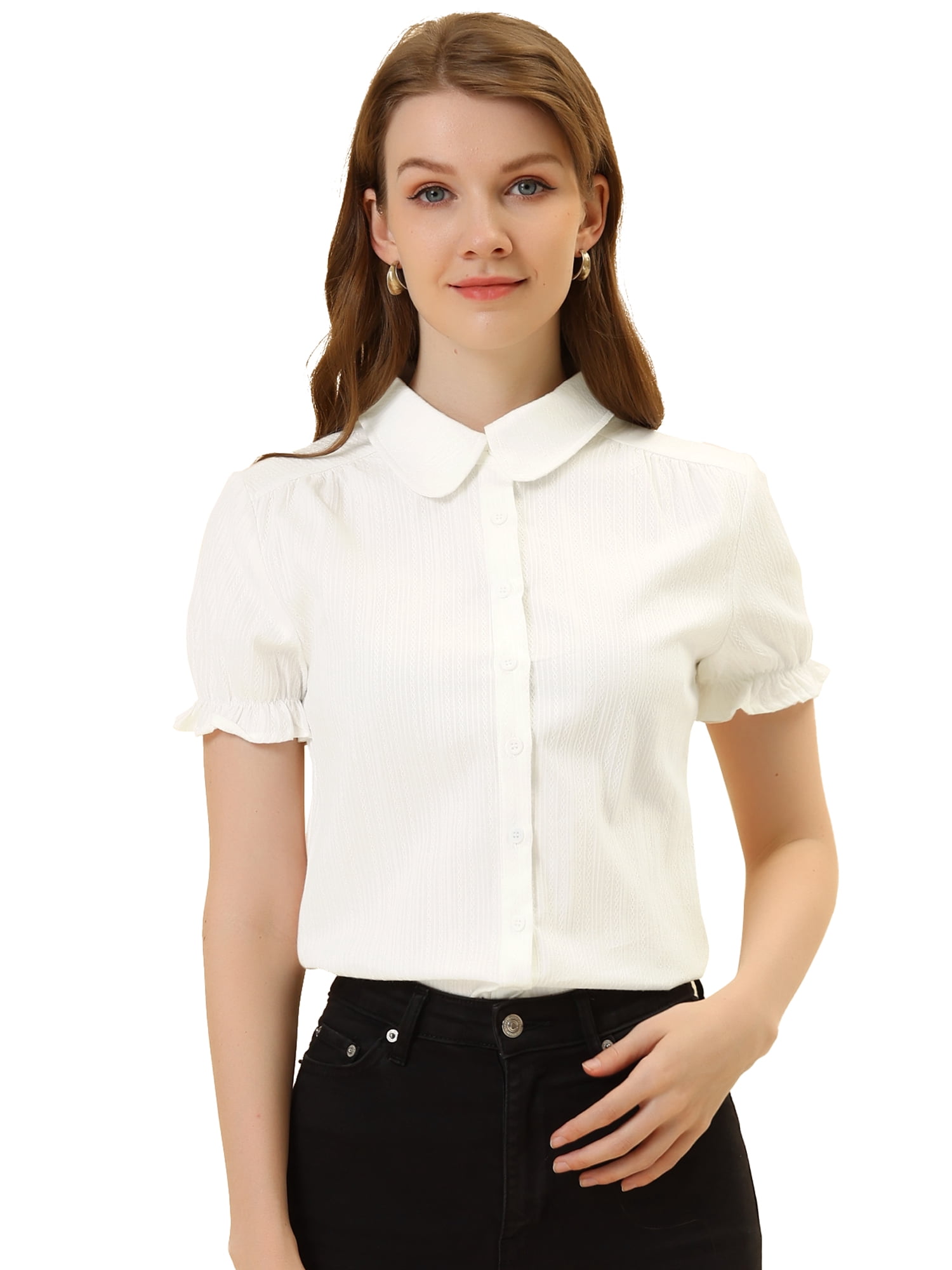DARING DIVA Women's Cotton Frilled Peter Pan Collar Blouse S White