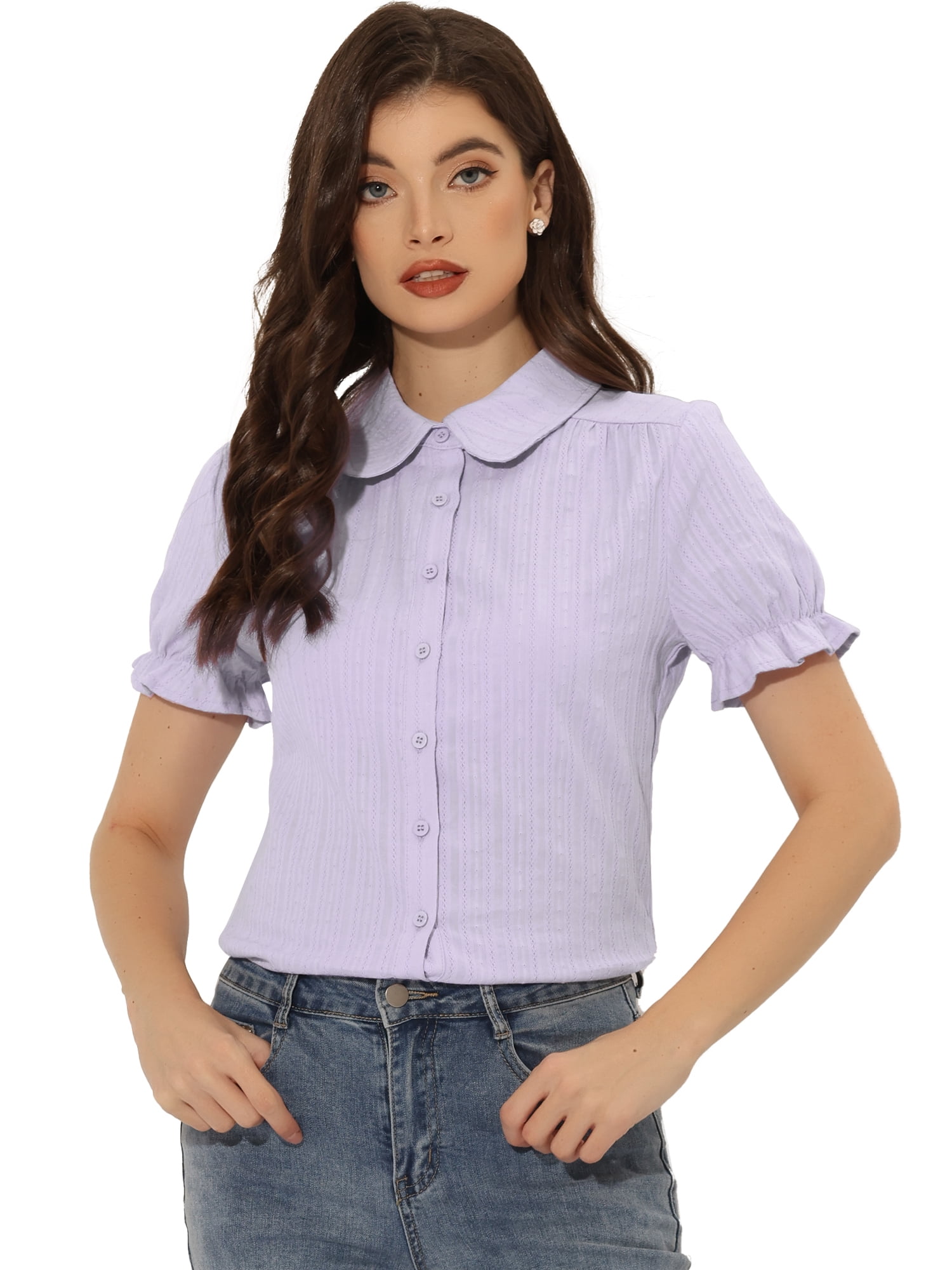 DARING DIVA Women's Cotton Frilled Peter Pan Collar Blouse XL Light Purple